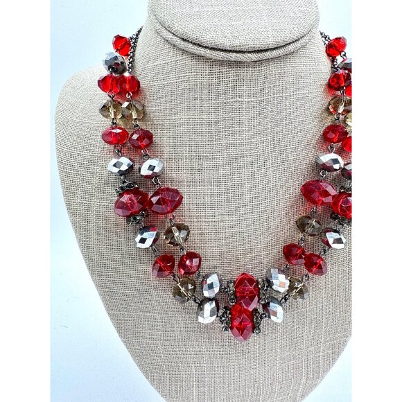 2 Stand Faceted Red And Smoky Glass Beads With Rhinestones - Picture 3 of 5